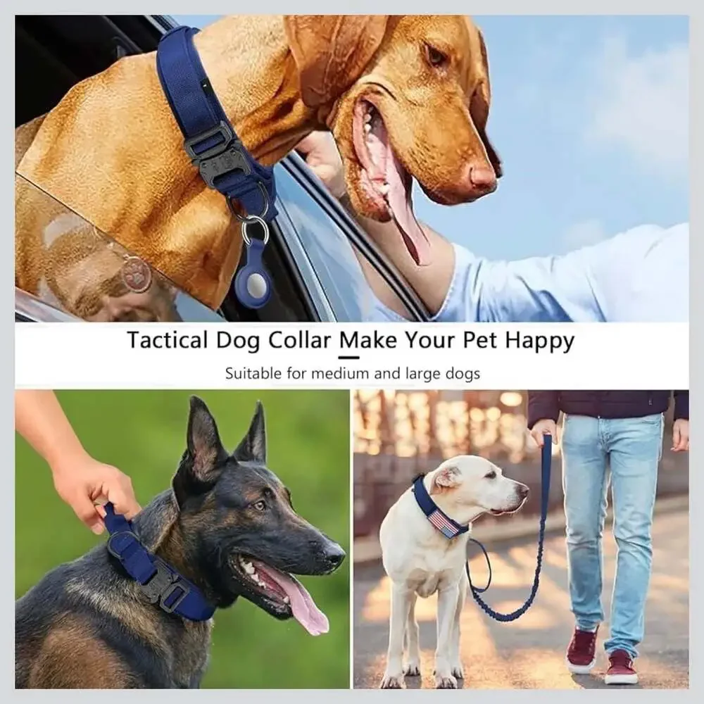 Tactical Dog Collar and Bungee Leash Set with AirTag Case and Patches, Navy Blue